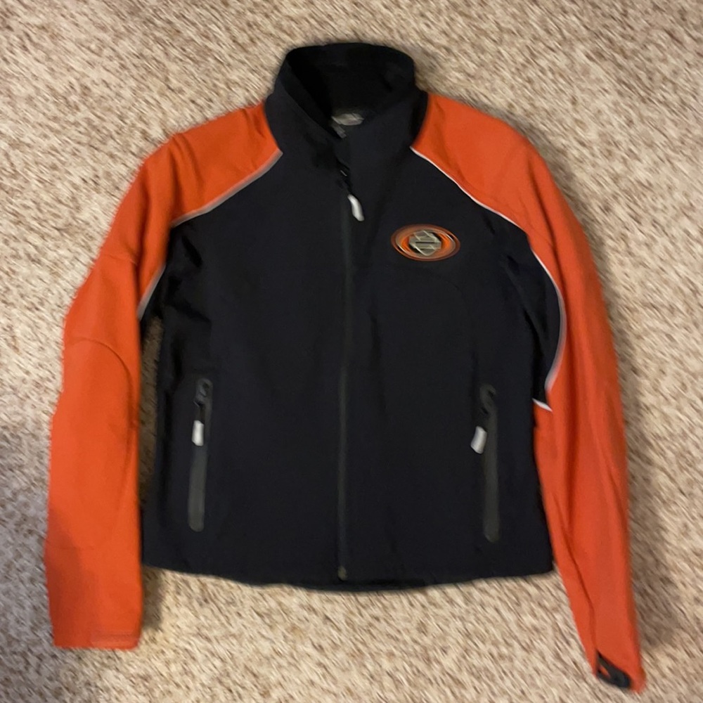 Harley Davidson ladies black & orange jacket. Neoprene-like feel Size Medium